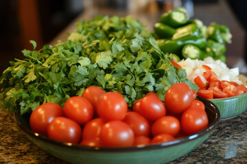 Fresh cilantro, tomatoes, onions, and peppers creating vibrant salsa ingredients