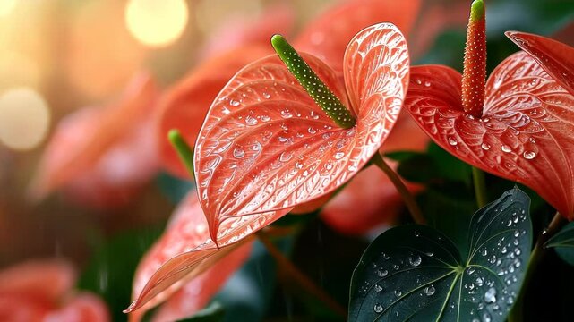 Blooming anthuriums in the rain