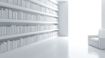 Obraz premium A minimalist white library featuring a comfortable armchair and bookshelves