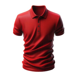 A red polo shirt is shown against a white background.
