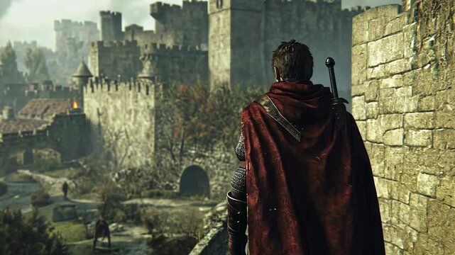 Playable game character knight with a sword and armor walking toward a castle in a medieval RPG video game environment.