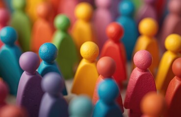 Colorful figurines represent diversity, equity, inclusion. Vibrant figures symbolize community, teamwork, respect in conceptual DEI setting. Figures highlight social themes like equality, fairness,