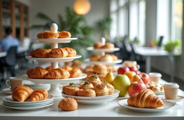 Office breakfast spread with croissants pastries fruits coffee. Morning snacks, catered event, office party. Business meeting, team building, workplace. Modern bright interior. Fresh, delicious,