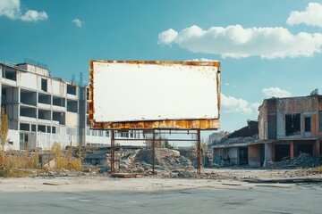 Obraz premium A large, blank, rusted billboard stands among ruins on a clear day. Use this urban image for themes of decay, change, or advertising space.