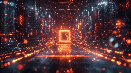 Futuristic quantum technology cityscape with digital data streams