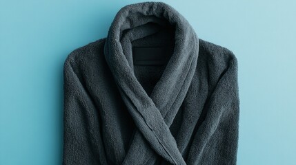 A classic cotton bathrobe in dark gray, folded neatly on a plain light blue background, fabric texture and natural shadows visible.
