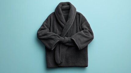 A classic cotton bathrobe in dark gray, folded neatly on a plain light blue background, fabric texture and natural shadows visible.
