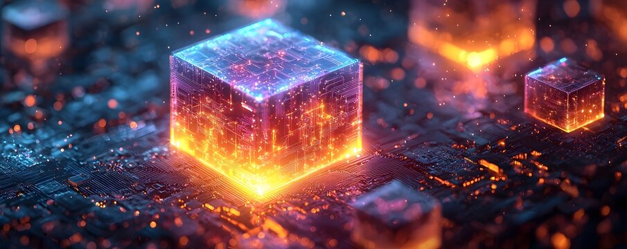 Futuristic quantum computer with holographic cubes representing qubits