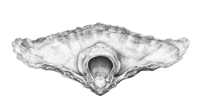 Oyster shell drawing in monochrome style, marine fauna, cut out transparent