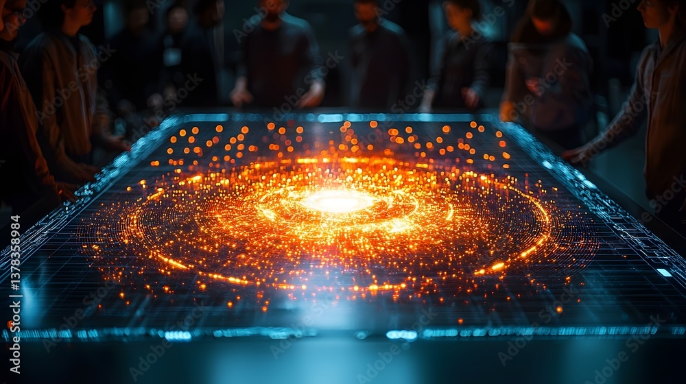 Poster futuristic holographic visualization of a quantum algorithm on a glowing table
