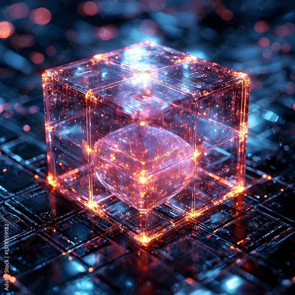 Poster glowing cube symbolizing quantum computing concepts