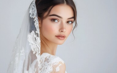 Beautiful bride with lace veil looking at camera