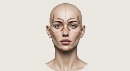 3D model of female face with contouring makeup guidelines on background. Visual representation of facial structure with highlighting and shading areas. Beauty, makeup tutorial. Cosmetic application