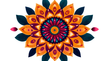 Ornate flower mandala pattern with abstract petals, cut out transparent