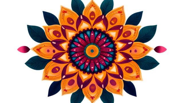 Ornate flower mandala pattern with abstract petals, cut out transparent