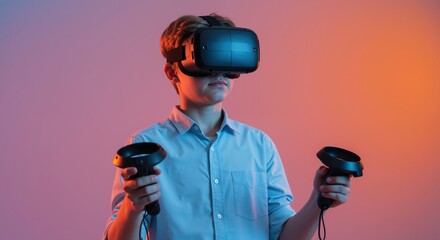 Young man using virtual reality headset with controllers on gradient background. Person in blue shirt experiencing VR technology. Digital entertainment and gaming. Immersive technology, simulation.