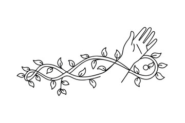 Hand entwined with natures vine, leaves, growth, organic, line art, design, elegant, minimalist, bot