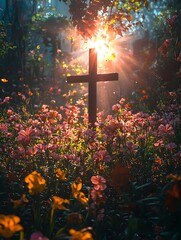Vintage Cross Amidst Colorful Field of Flowers