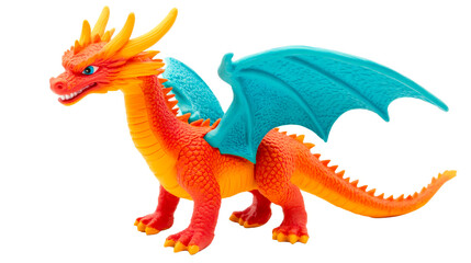 Toy dragon with blue wings, orange scales, yellow horns, cut out transparent