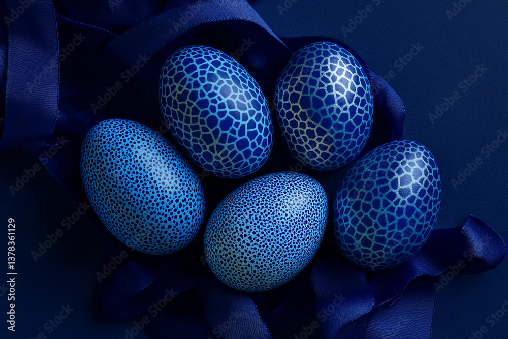 Poster five blue patterned eggs rest on a dark blue satin ribbon, creating a sophisticated and elegant east