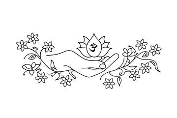 Hand Holding Lotus Flower with Om Symbol and Floral Vines