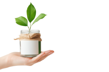hand gently cradling a glass jar containing an organic skincare product against a clean white background The jar features a minimalist natural design