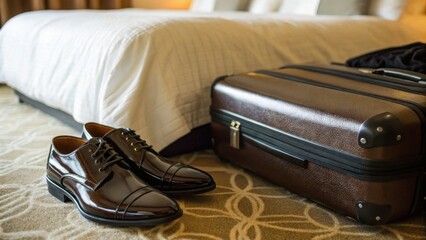 Business Travel concept. Elegant shoes next to a suitcase in a hotel room setting.