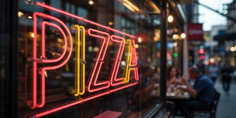 Bright neon pizza sign illuminates lively street eatery during evening gathering with diners enjoying meals