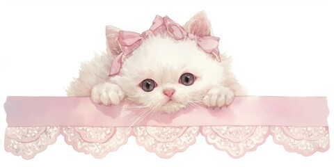 Kitten with pink and white lace illustration colors cute.