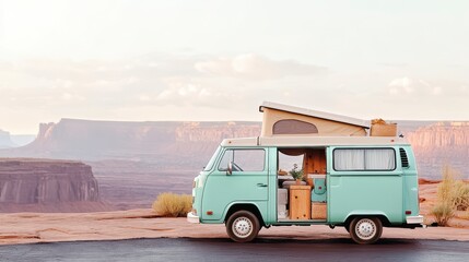 Obraz premium Teal Vintage Camper Van Parked Overlooking Desert Landscape