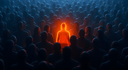 Obraz premium Illuminated Orange Figure Standing Out in Blue Dark Crowd Concept of Individuality