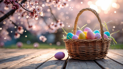 A delightful basket overflowing with pastel Easter eggs nestled amongst spring blossoms, bathed in warm golden sunlight on a rustic wooden table.