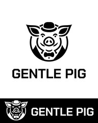 A sophisticated and creative pig logo featuring a stylish pig with a bowler hat and bow tie in black and white 
