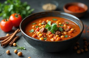 Moroccan Harira soup in black bowl on grey concrete table. Traditional dish with beef or lamb chickpeas lentils tomatoes cilantro. Iftar meal for Ramadan.