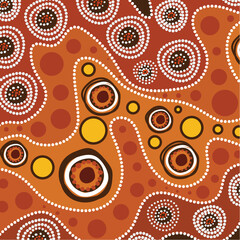 A digital illustration featuring an Aboriginal dot art-inspired background