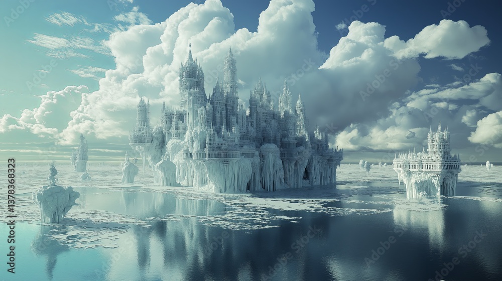 Aufkleber A surreal frozen ocean with icebergs in the shape of floating castles