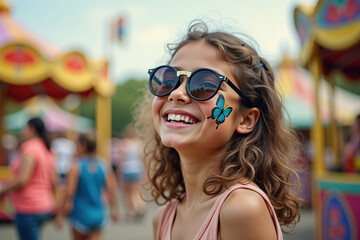 A young girl with curly hair smiles brightly at a carnival, wearing sunglasses and a butterfly face painting, surrounded by colorful attractions and people