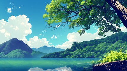 Naklejka premium A Tranquil Landscape with a Reflective River Surrounded by Lush Greenery and Mountains
