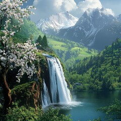Fototapeta premium Breathtaking mountain waterfall with blossoming trees against snow-capped peaks in a lush green landscape