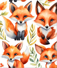Obraz premium set of funny cartoon fox, red fox vector illustration, red fox isolated on white, Fox in water color, fox with green leaves, fox on a isolated white background 