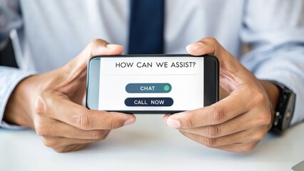 a person holding a smartphone with a customer service interface displayed on the screen 