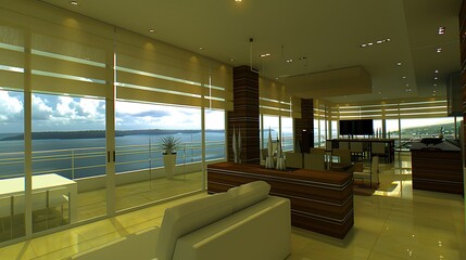 A spacious modern luxury apartment with panoramic ocean views and decor