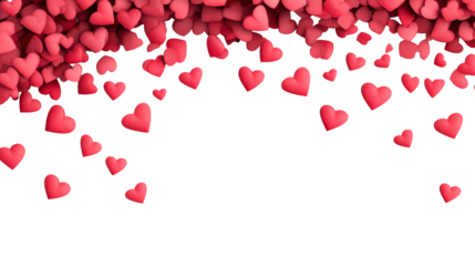 Red hearts falling on black background, romantic design, cut out transparent
