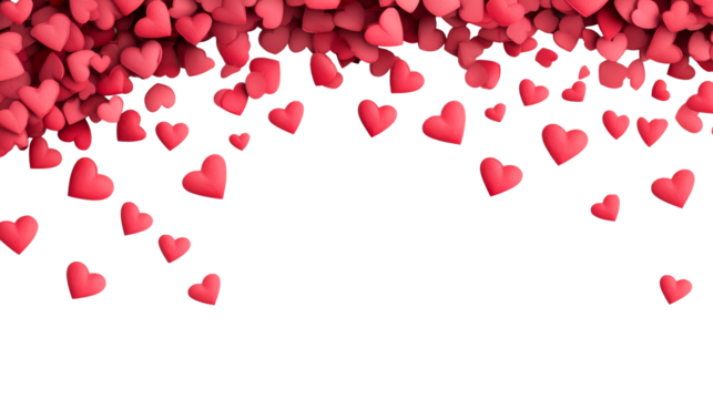 Red hearts falling on black background, romantic design, cut out transparent