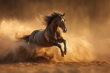 Majestic Buckskin Horse Galloping Through Dust - A powerful buckskin horse runs across a sandy landscape, kicking up a cloud of dust. Symbolizing freedom, wildness, strength, speed, and grace