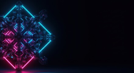 Abstract Neon Crystal Structure in Dark Background Futuristic 3D Render