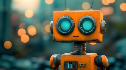 Retro Orange Robot in Urban Blurred Background