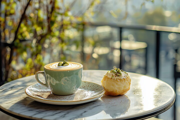 Flat white coffee in ceramic cup with pistachio cream puff on marble table, soft background bokeh for elegant café or dessert branding