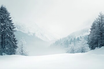 Obraz premium Winter Wonderland : Snowy Mountainscape - Serene winter scene, snow-covered mountains, frosted trees, tranquil atmosphere, peaceful landscape. Evokes feelings of calm, beauty, and winter's magic