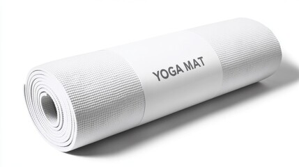 Compact white yoga mat rolled up.